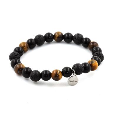 Tiger's Eye + Lava + Black Agate Bracelet 8 mm Beads.