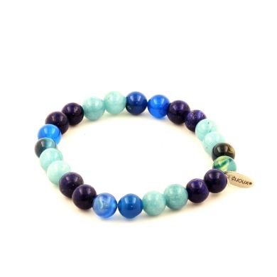 Lapis Lazuli + Aquamarine + Blue Banded Agate Beads Bracelet 8 mm.