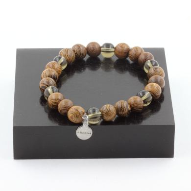 Smoky Quartz + wood Bracelet 8 mm Beads.