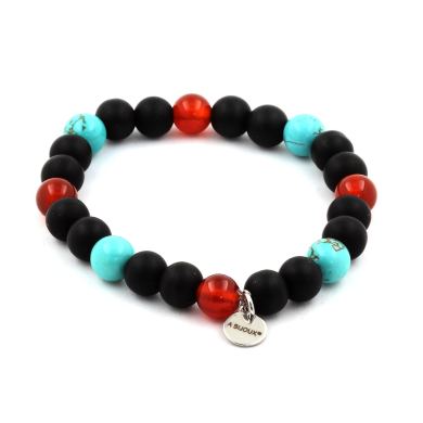 Red Agate + Turquoise + Matte Black Onyx Bracelet 8 mm Beads.