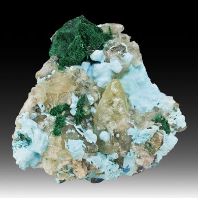 Calcite with Malachite, Chrysocolla