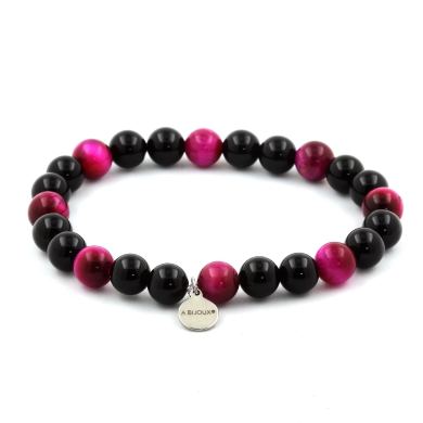 Fuschia Tiger Eye + Black Agate Bracelet 8 mm Beads.