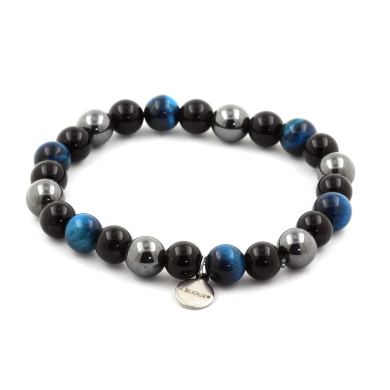 Light Blue Tiger's Eye + Hematite + Black Agate Bracelet 8 mm Beads.