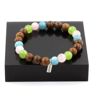 Rose Quartz + Peridot + Aquamarine + Wood Bracelet 8 mm Beads.