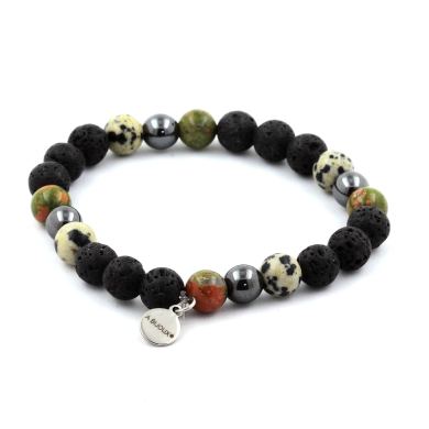 Dalmatian Jasper + Unakite + Hematite + Lava Bracelet 8 mm Beads.