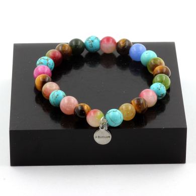 Tiger's Eye + Multicolored Tourmaline + Watermelon Tourmaline + Turquoise Bracelet 8 mm Beads.