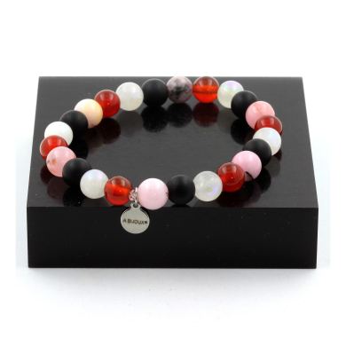 Red Agate + Moonstone + Matte Black Onyx + Pink Opal Bracelet 8 mm Beads.