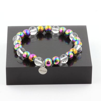 Quartz + Multicolor Hematite Bracelet 8 mm Beads.