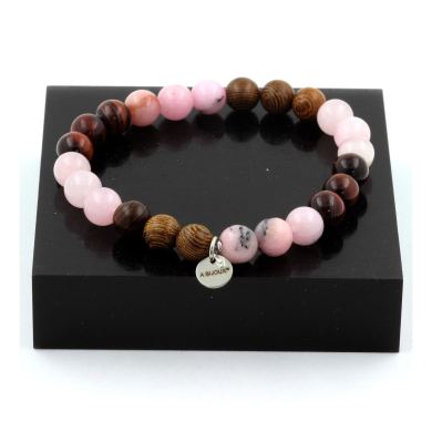 Pink Opal + Red Tiger Eye + Rose Quartz + Wood Bracelet 8 mm Beads.