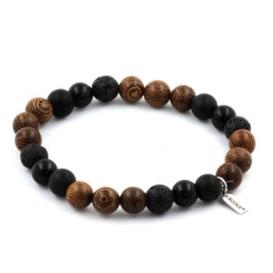 Black Obsidian + Matte Black Onyx + Lava + wood Bracelet 8 mm Beads.