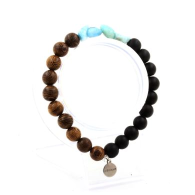 Larimar from Dominican Republic + matte black Onyx + wood Bracelet 8 mm Beads.