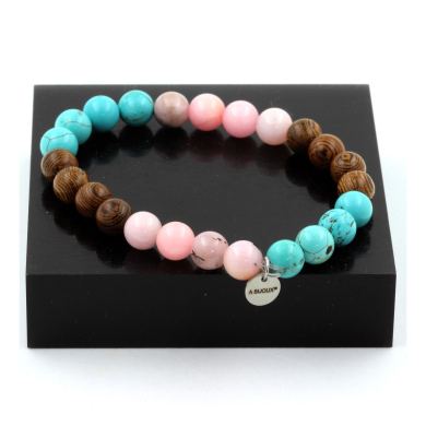 Pink Opal + Turquoise + wood Bracelet 8 mm Beads.