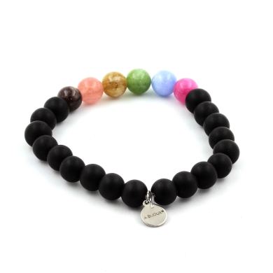 Multicolor Tourmaline + Matte black Onyx Bracelet 8 mm Beads.