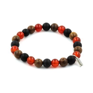 Red Agate + Matte Black Onyx + Wood Bracelet 8 mm Beads.