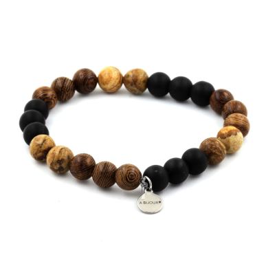 Landscape Jasper + Matte Black Onyx + Wood Bracelet 8 mm Beads.