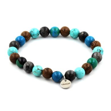 Turquoise + Chrysocolla + Labradorite + wood Bracelet 8 mm Beads.