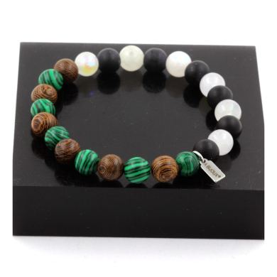 Moonstone + Matte Black Onyx + Malachite + Wood Bracelet 8 mm Beads.