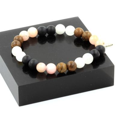 Moonstone + Pink Opal + Matte Black Onyx + Wood Bracelet 8 mm.