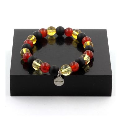 Red Agate + Citrine + Matte Black Onyx Bracelet 8 mm Beads.