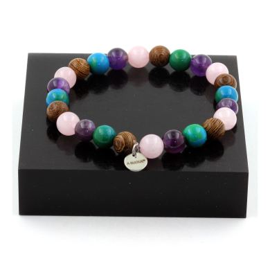 Rose Quartz + Amethyst + Chrysocolla + Wood Bracelet 8 mm Beads.