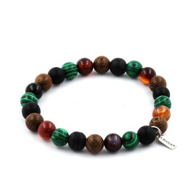 Banded Agate + Matte Black Onyx + Malachite + Wood Bracelet 8 mm Beads.