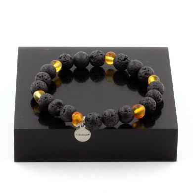 Genuine Baltic Amber + Lava Bracelet 8 mm Beads.