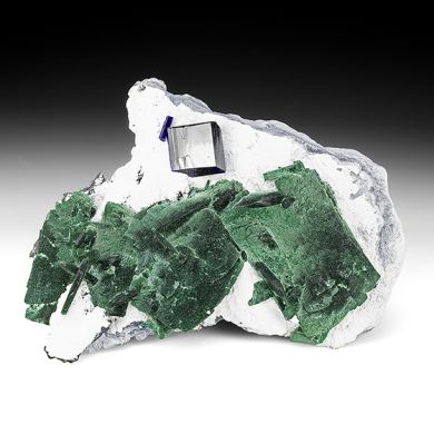 Malachite after Azurite with Azurite, Dickite