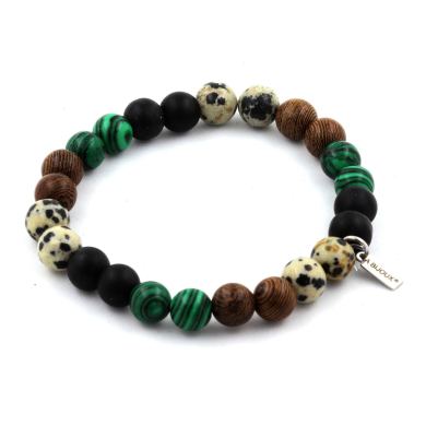 Dalmatian Jasper + Malachite + Matte Black Onyx + Wood Bracelet 8 mm Beads.