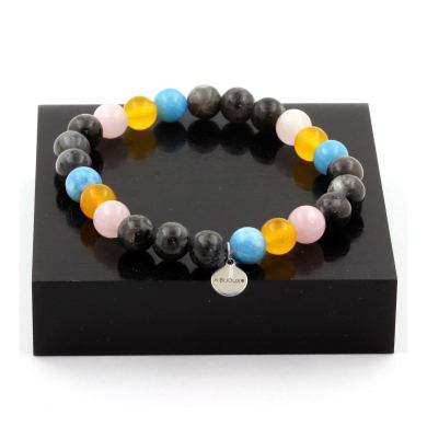 Labradorite + Yellow Agate + Blue Chalcedony + Pink Quartz Bracelet 8 mm Beads.