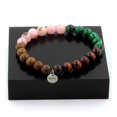 Pink Opal + Red Tiger Eye + Malachite + Wood Bracelet 8 mm Beads.