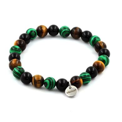 Tiger's Eye + Black Agate + Malachite Bracelet 8 mm Beads.