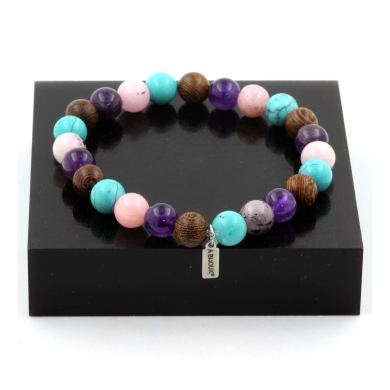 Pink Opal + Amethyst + Turquoise + wood Bracelet 8 mm Beads.