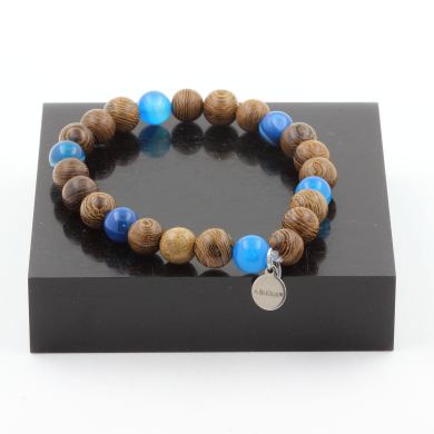 Blue banded Agate + wood Bracelet 8 mm Beads.