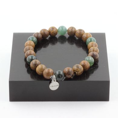 Moss agate + wood Bracelet 8 mm Beads.