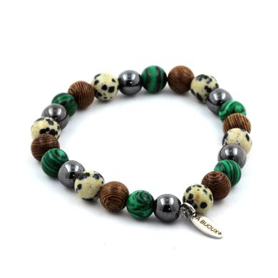 Hematite + Malachite + Dalmatian Jasper + wood Bracelet 8 mm.