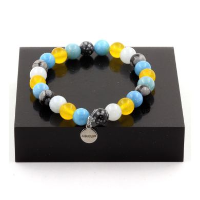 Snowflake Obsidian + Yellow Agate + Aquamarine + Blue Chalcedony Bracelet 8 mm Beads.