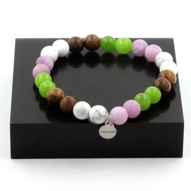 Peridot + Matte Purple Mica + Howlite + Wood Bracelet 8 mm Beads.