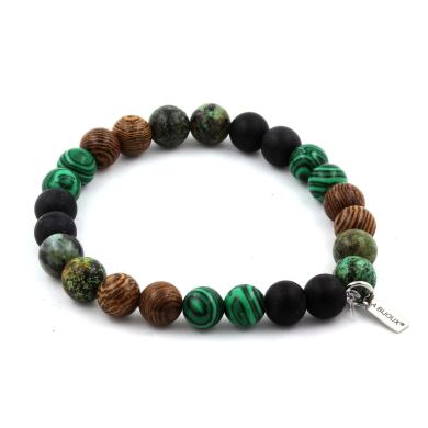 African Turquoise + Malachite + Matte Black Onyx + Wood Bracelet 8 mm Beads.