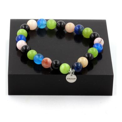 Pink Opal + Blue Banded Agate + Peridot + Black Agate Bracelet 8 mm Beads.