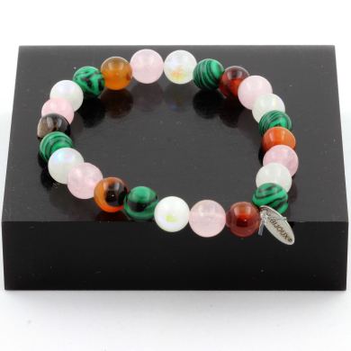 Moonstone + Banded Agate + Malachite + Rose Quartz Bracelet 8 mm.