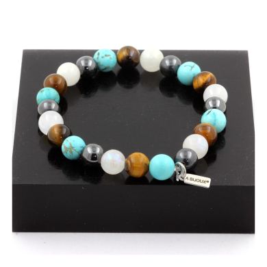 Hematite + Tiger's Eye + Moonstone + Turquoise Bracelet 8 mm Beads.