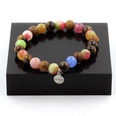 Tiger's Eye + Multicolored Tourmaline + Watermelon Tourmaline + Wood Bracelet 8 mm Beads.