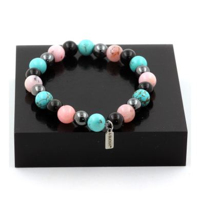 Black Obsidian + Hematite + Pink Opal + Turquoise Bracelet 8 mm Beads.