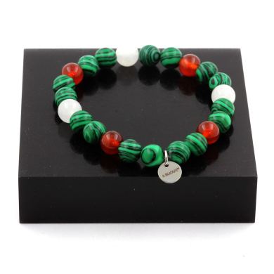 Malachite + Red Agate + Moonstone Bracelet 8 mm Beads.