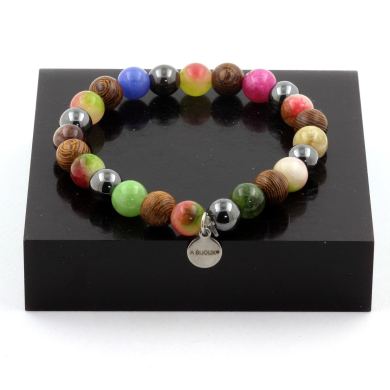 Multicolor Tourmaline + Watermelon Tourmaline + Hematite + Wood Bracelet 8 mm Beads.