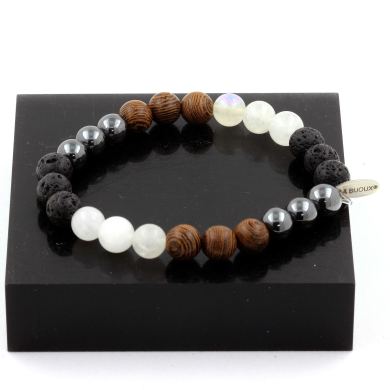 Moonstone + Lava + Hematite + Wood Bracelet 8 mm.