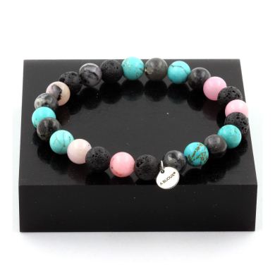 Pink Opal + Labradorite + Lava + Turquoise Bracelet 8 mm Beads.