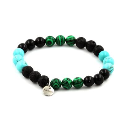 Malachite + Turquoise + Black Agate + Lava Bracelet 8 mm Beads.