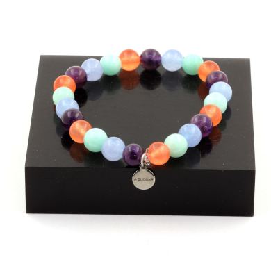 Aquamarine + Amazonite + Amethyst + Orange Chalcedony Bracelet 8 mm Beads.