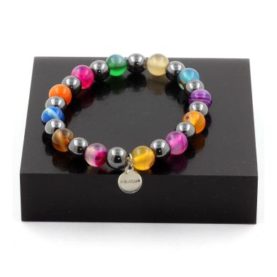 Multicolor Banded Agate + Hematite Bracelet 8 mm Beads.